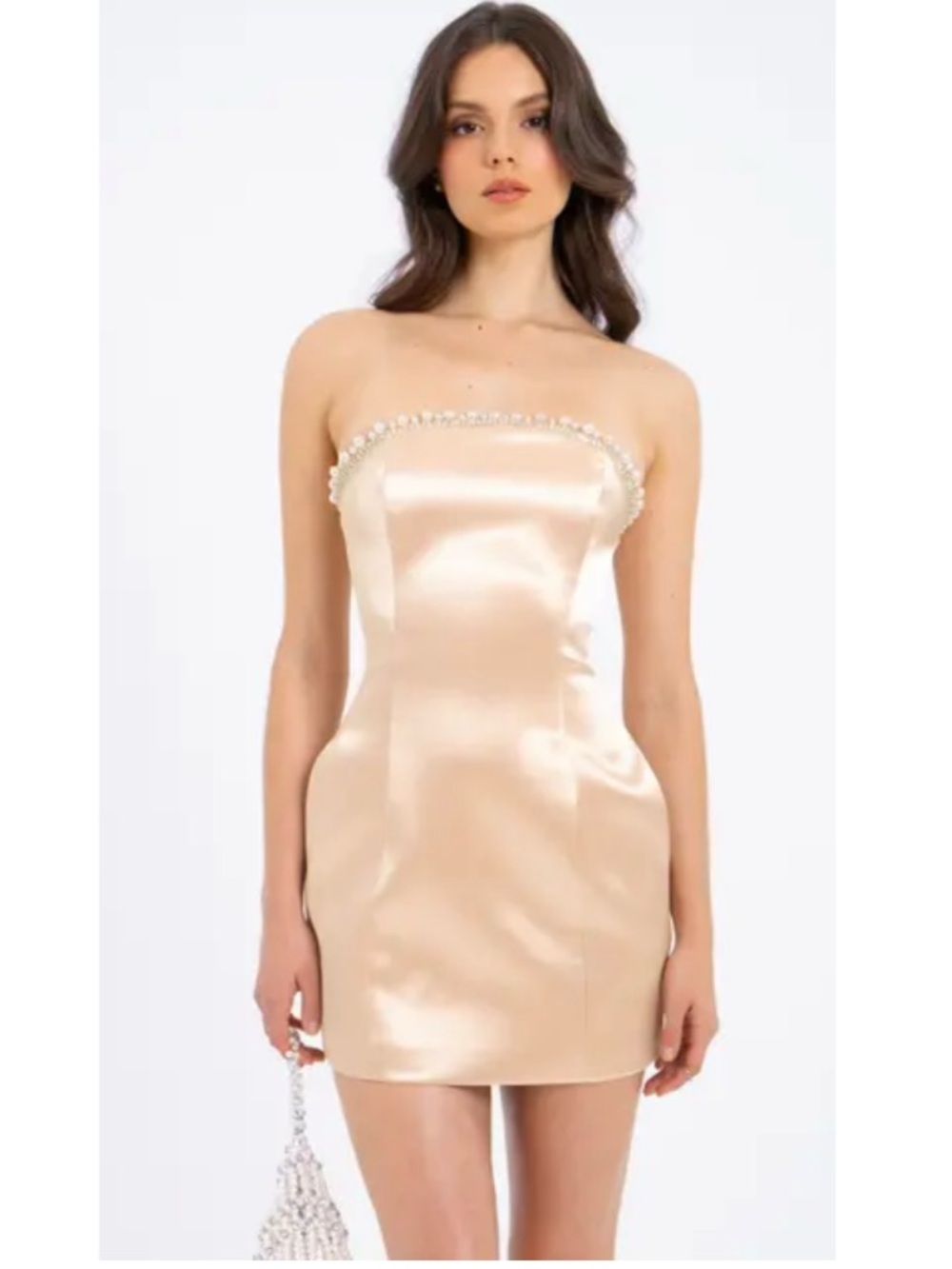 Miss Circle Paisley Pearly Trim Strapless Satin Mini Dress Formal Gold XS